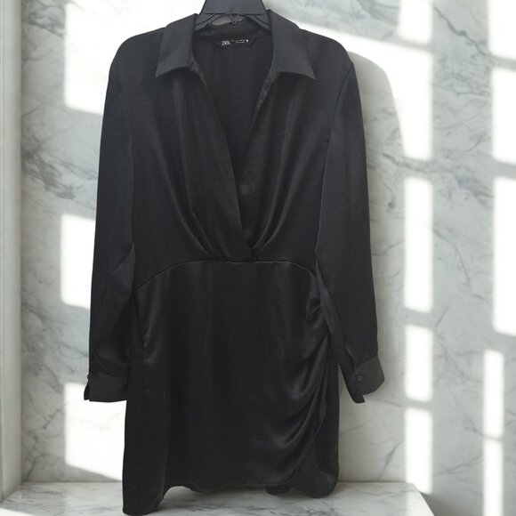 Black Draped Shirt Dress 🖤 Satin Feel, Collared Neck, Perfect for Night Out - Picture 1 of 4